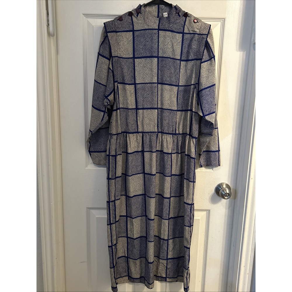 Vtg‎ 80s Rayon Long Sleeve Geometric Blue Dress Size 10